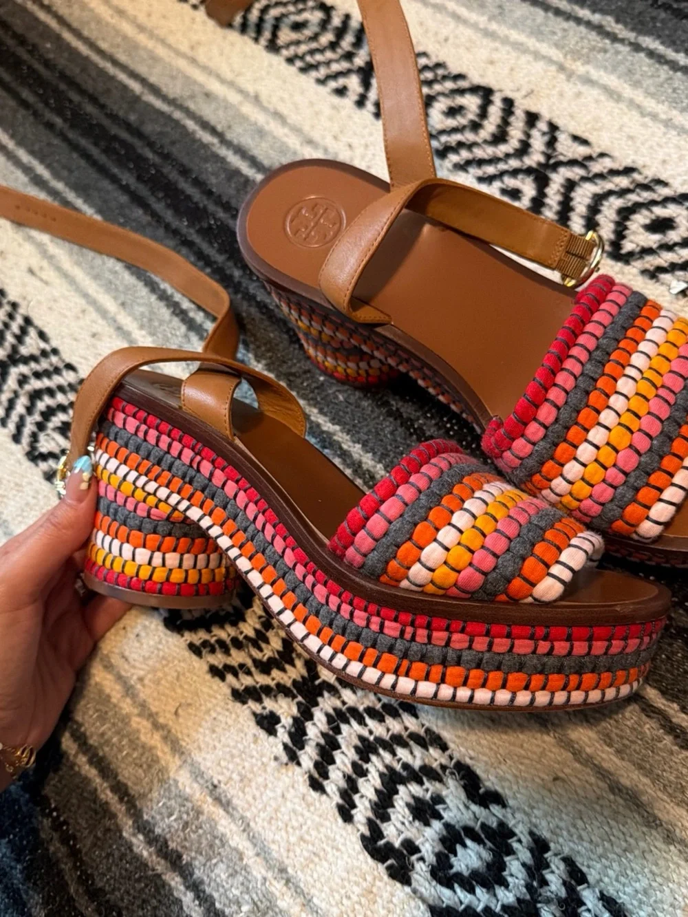 Tory Burch Brown Multicolor Woven Platform Sandals